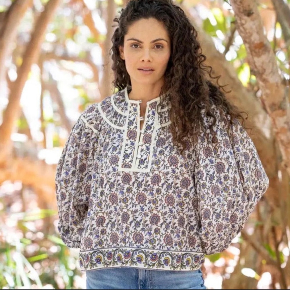 Bindu Floral Boho Blouse XS Cream Blue Long Sleeve Top